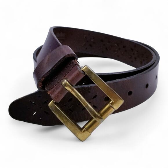 Leather Belt Brown Perforated Leather w/ Brass Buckle Made in India - Size M/L - Picture 2 of 6